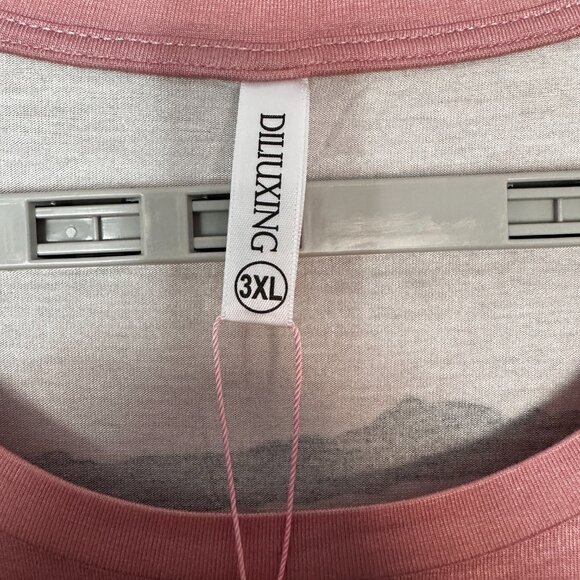 DILIUXING PINK STRIPED WOMEN SHIRT/TUNIC TOP, RUFFLE SHORT SLEEVE, 3XL - Picture 2 of 11